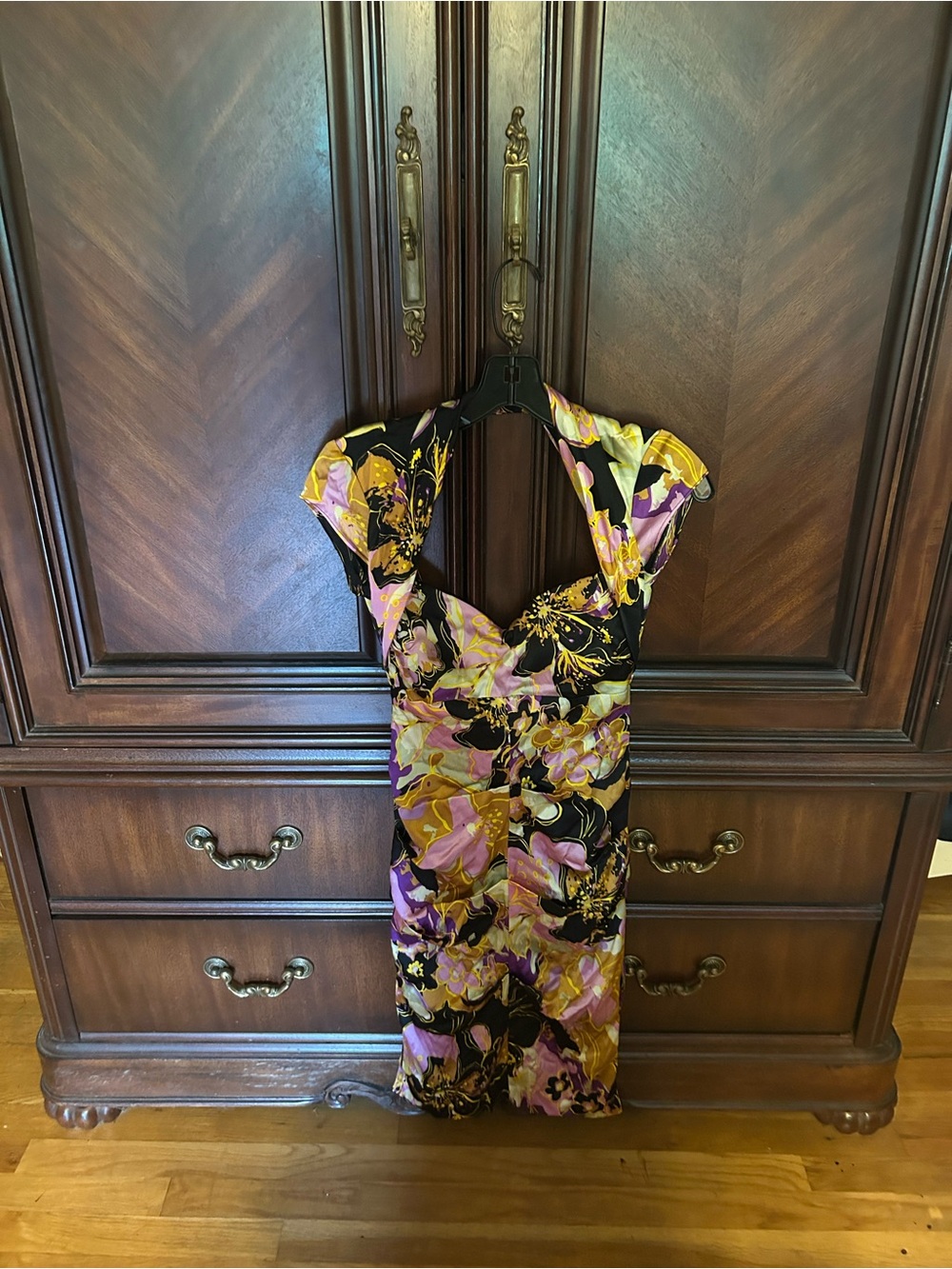 Cache Backless Floral Midi Dress in Black, Purple & Gold